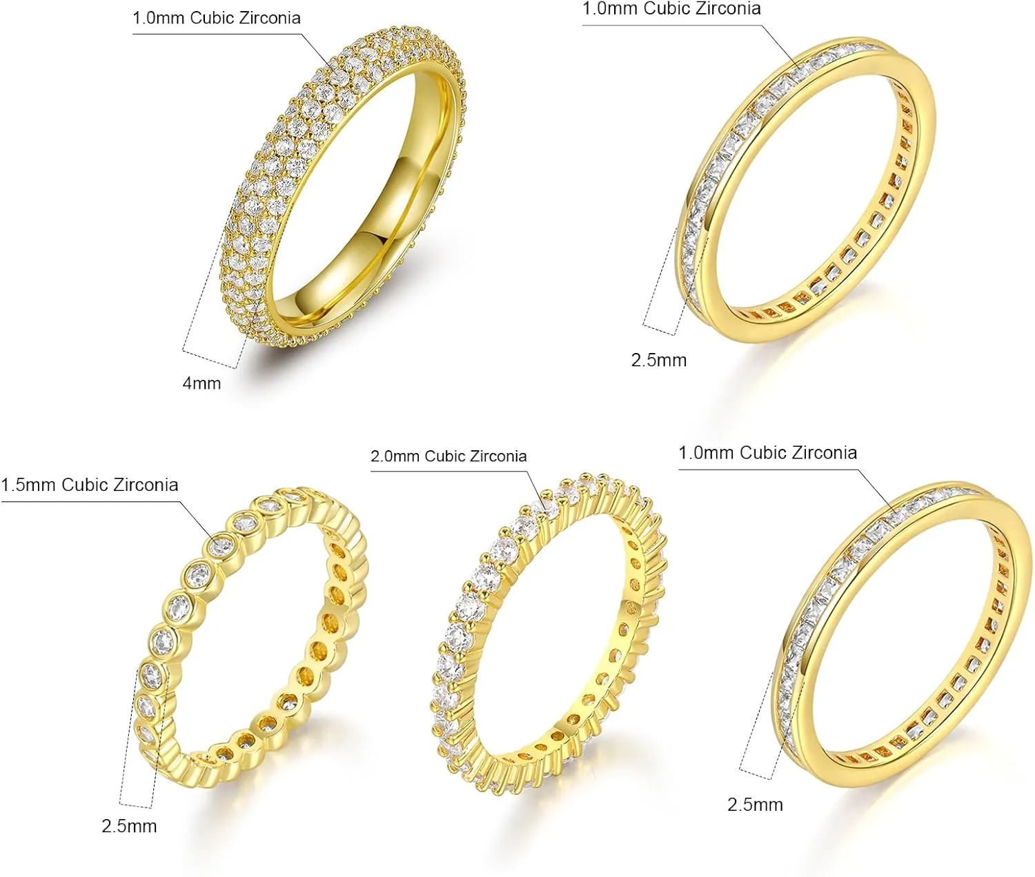TIKJE 5 Rings Set For Women, 18k Yellow/White Gold/Rose Gold/Black Plated Rings - Cubic Zirconias Band Ring, Eternity Promise Ring For Her Engagement Ring Wedding Band Size 5-12