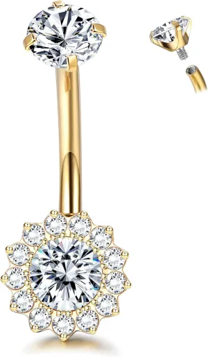 Titanium Belly Button Ring 14G Belly Button Rings AAAAAA Cubic Zirconia Flower Opal 10mm Gold Plated Belly Ring for Women Halo Internally Threaded Navel Body Belly Piercing