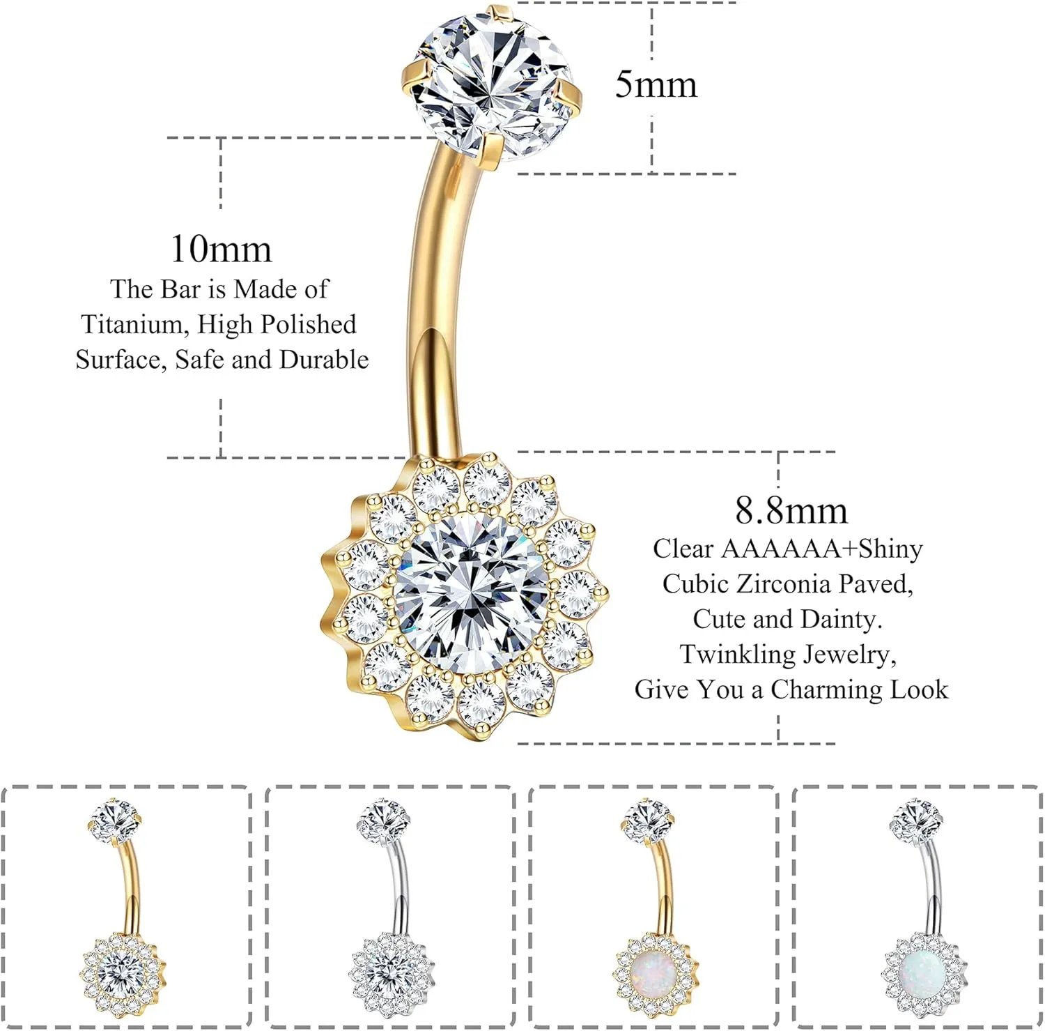 Titanium Belly Button Ring 14G Belly Button Rings AAAAAA Cubic Zirconia Flower Opal 10mm Gold Plated Belly Ring for Women Halo Internally Threaded Navel Body Belly Piercing