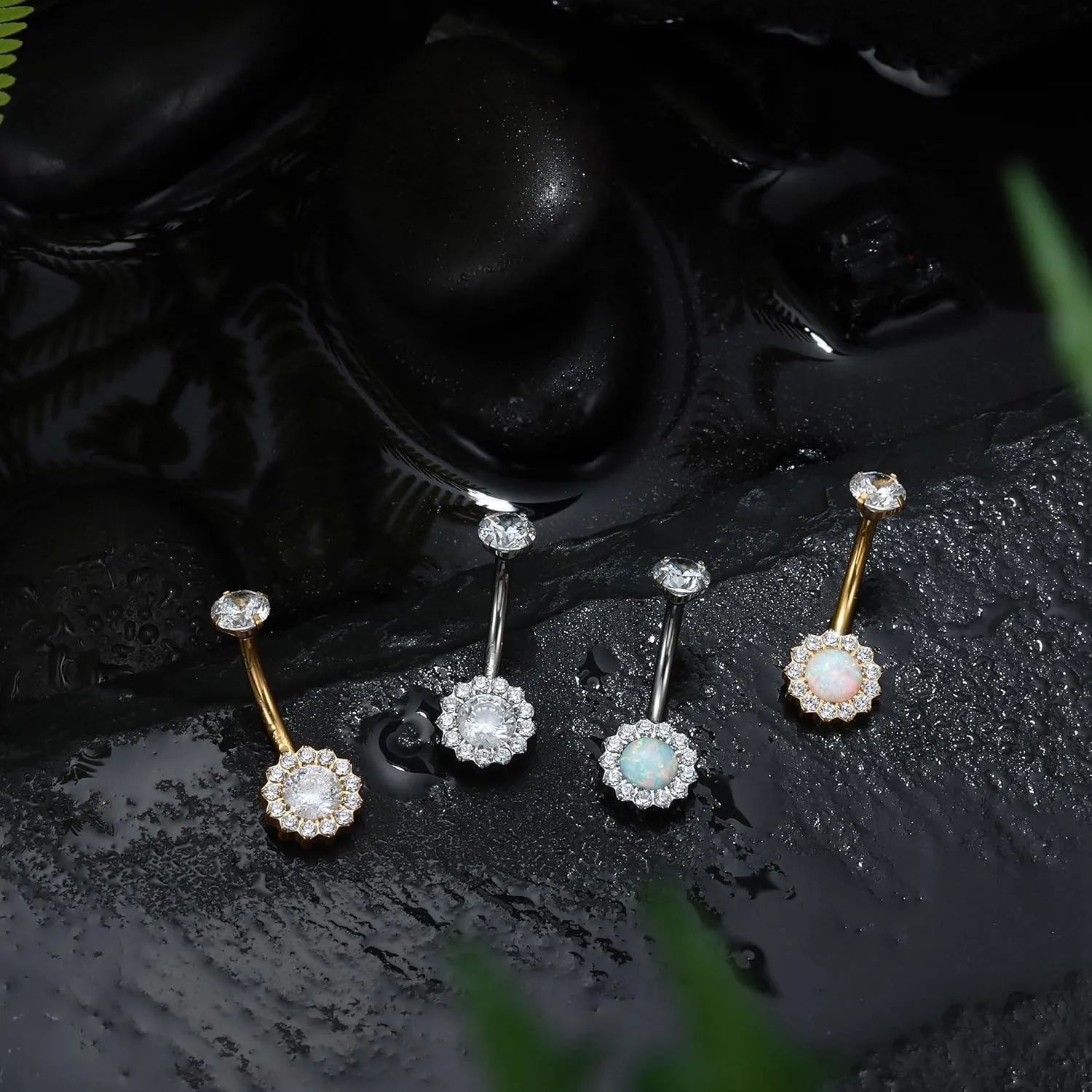 Titanium Belly Button Ring 14G Belly Button Rings AAAAAA Cubic Zirconia Flower Opal 10mm Gold Plated Belly Ring for Women Halo Internally Threaded Navel Body Belly Piercing