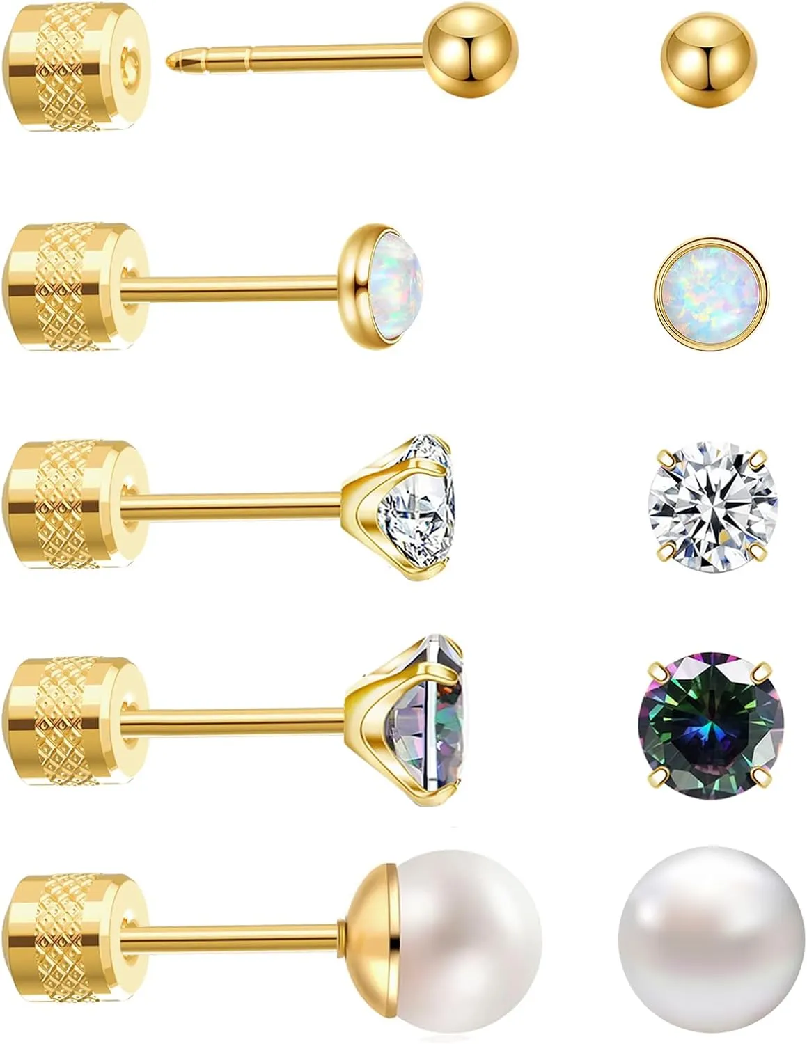 Titanium Stud Earrings, 5 Pairs Threadless Hypoallergenic Cubic Zirconia Earrings Studs Opal Ball Pearl Stud Earrings for Women, Surgical Stainless Steel Stud Earrings Set for Cartilage