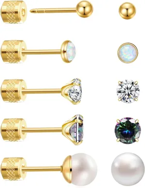 Titanium Stud Earrings, 5 Pairs Threadless Hypoallergenic Cubic Zirconia Earrings Studs Opal Ball Pearl Stud Earrings for Women, Surgical Stainless Steel Stud Earrings Set for Cartilage