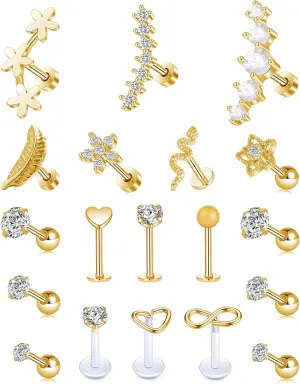Tornito 9-30Pcs Cartilage CZ Stud Earrings Conch Forward Helix Tragus Daith Piercing Lip Rings Snake Heart Butterfly Jewelry for Women Men 16G Silver Gold Tone