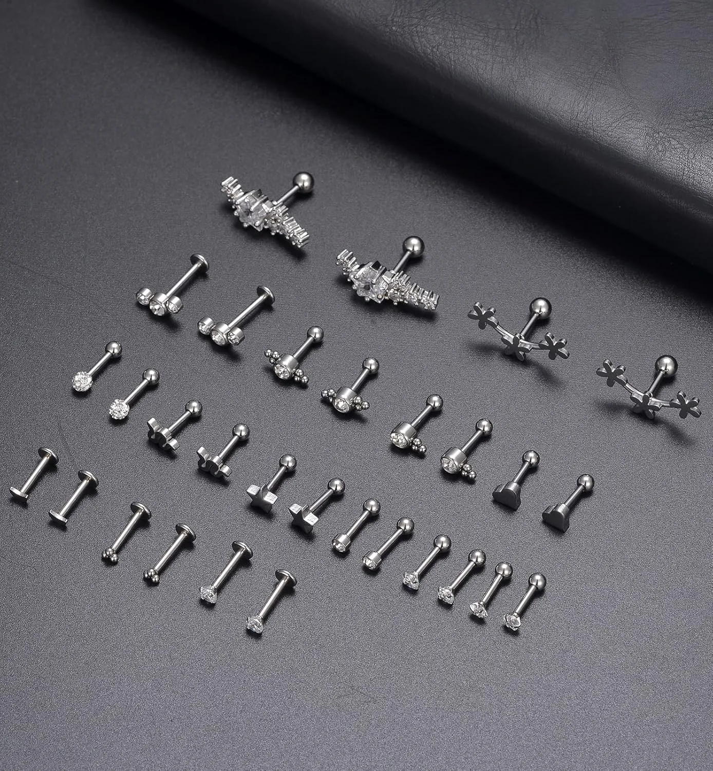 Tornito 9-30Pcs Cartilage CZ Stud Earrings Conch Forward Helix Tragus Daith Piercing Lip Rings Snake Heart Butterfly Jewelry for Women Men 16G Silver Gold Tone
