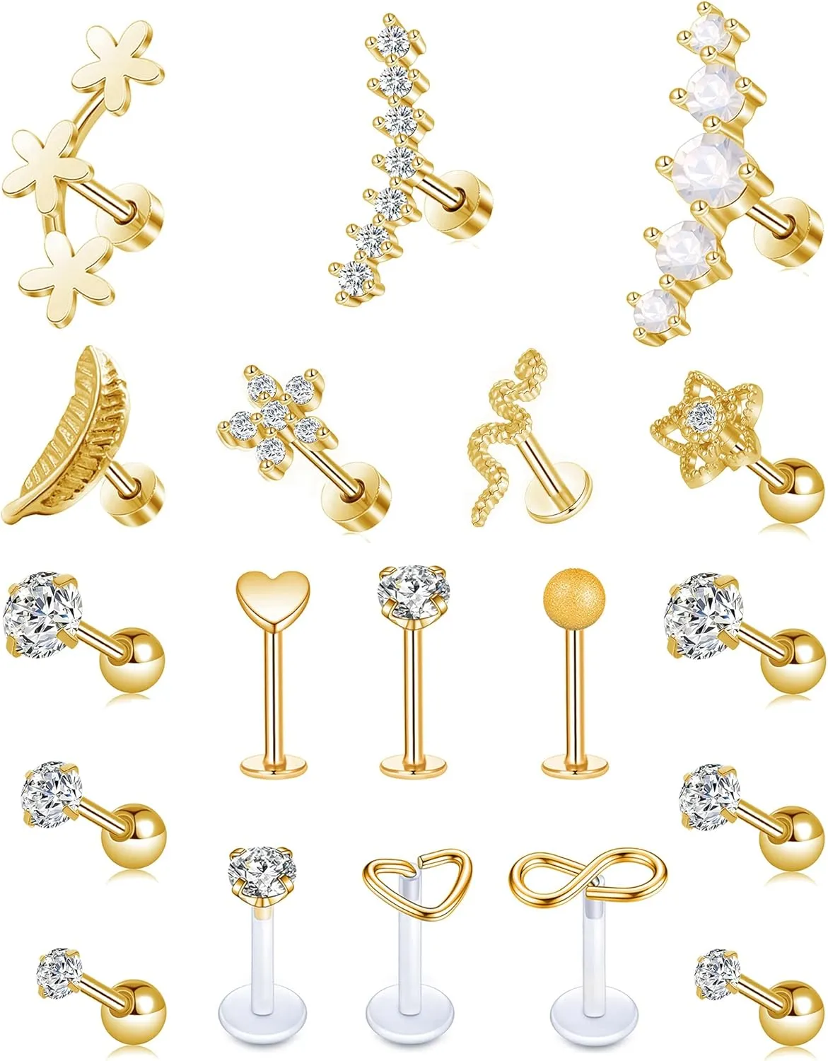 Tornito 9-30Pcs Cartilage CZ Stud Earrings Conch Forward Helix Tragus Daith Piercing Lip Rings Snake Heart Butterfly Jewelry for Women Men 16G Silver Gold Tone