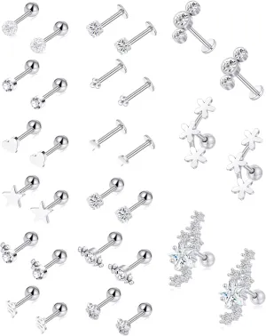Tornito 9-30Pcs Cartilage CZ Stud Earrings Conch Forward Helix Tragus Daith Piercing Lip Rings Snake Heart Butterfly Jewelry for Women Men 16G Silver Gold Tone