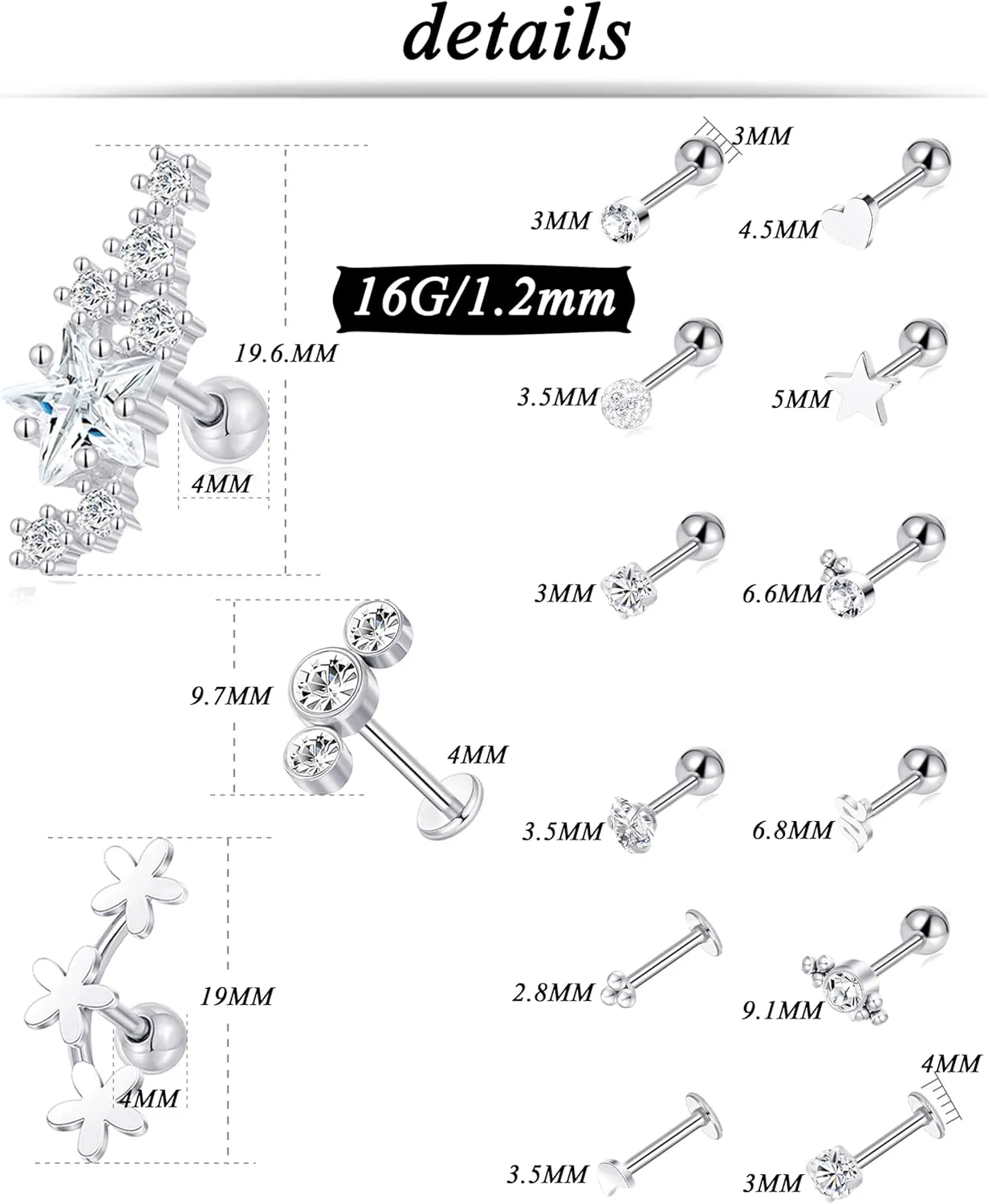 Tornito 9-30Pcs Cartilage CZ Stud Earrings Conch Forward Helix Tragus Daith Piercing Lip Rings Snake Heart Butterfly Jewelry for Women Men 16G Silver Gold Tone