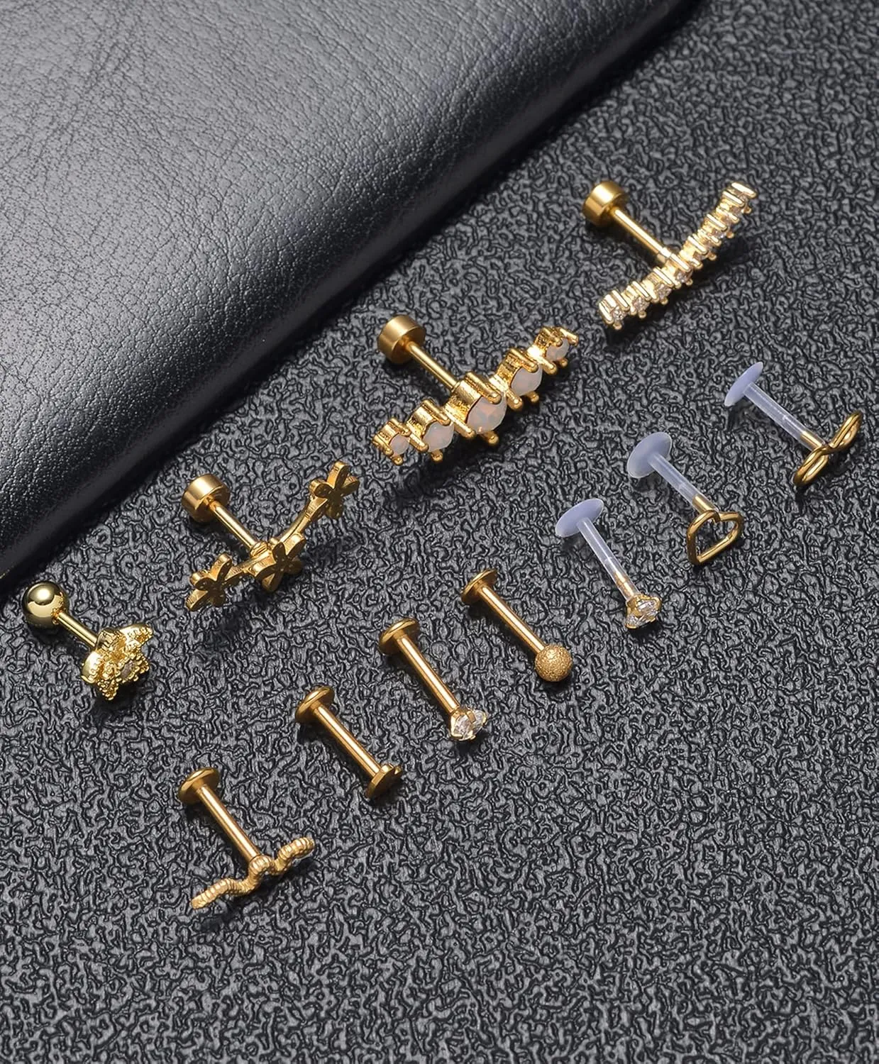 Tornito 9-30Pcs Cartilage CZ Stud Earrings Conch Forward Helix Tragus Daith Piercing Lip Rings Snake Heart Butterfly Jewelry for Women Men 16G Silver Gold Tone