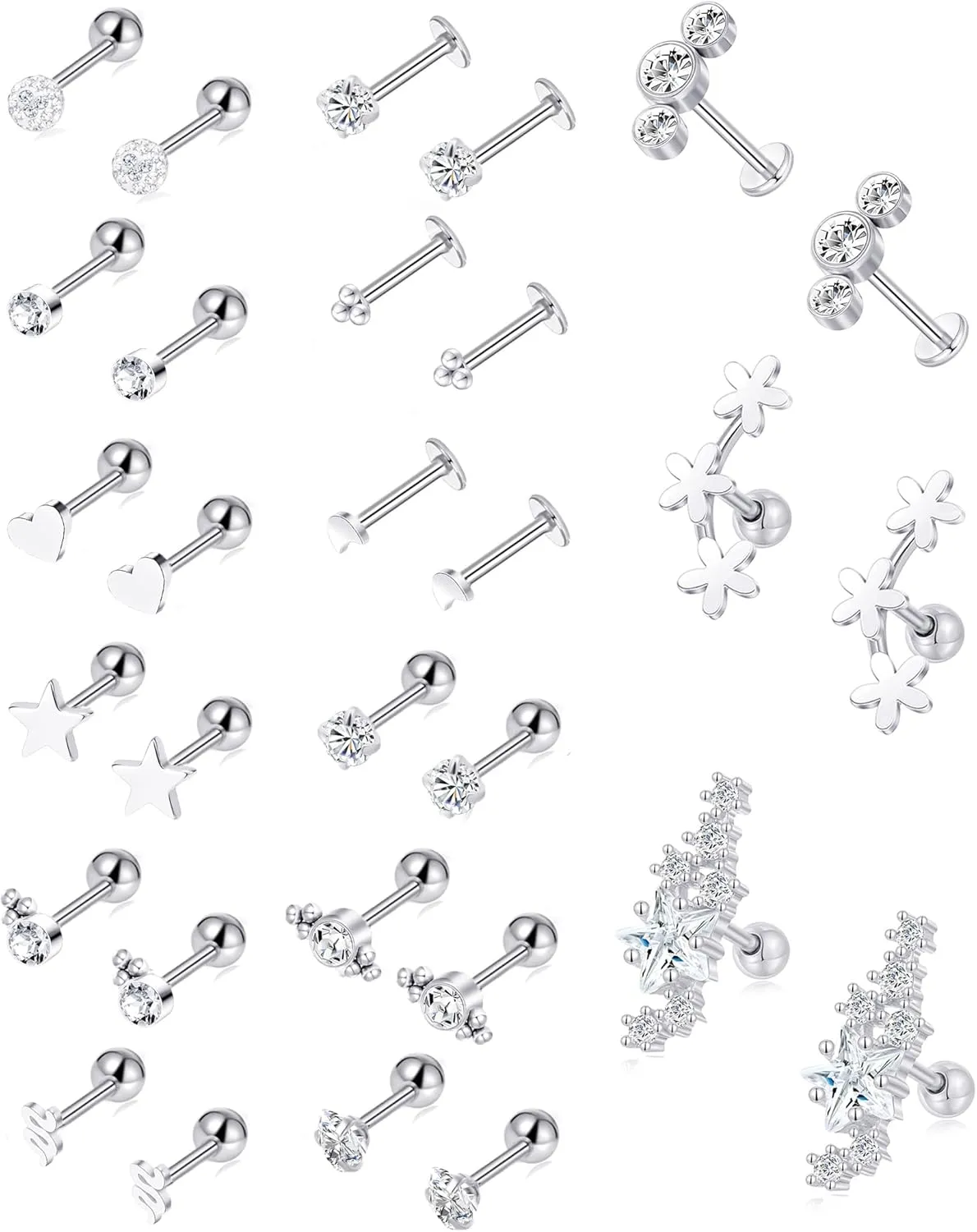 Tornito 9-30Pcs Cartilage CZ Stud Earrings Conch Forward Helix Tragus Daith Piercing Lip Rings Snake Heart Butterfly Jewelry for Women Men 16G Silver Gold Tone