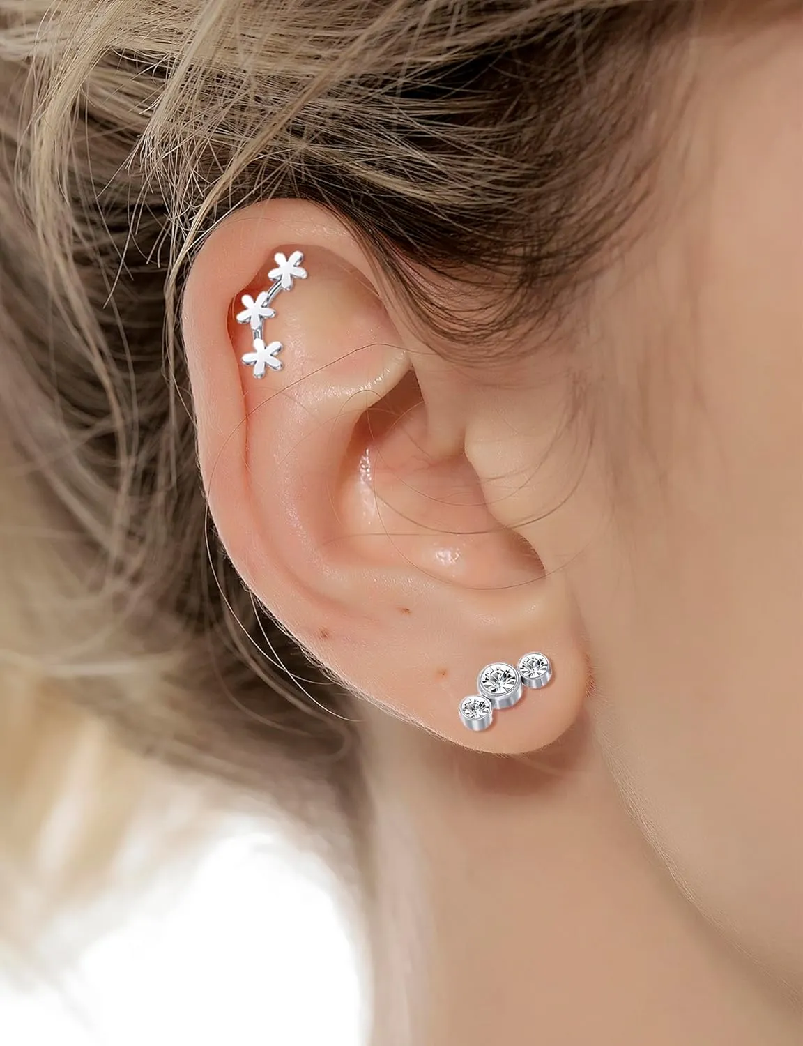Tornito 9-30Pcs Cartilage CZ Stud Earrings Conch Forward Helix Tragus Daith Piercing Lip Rings Snake Heart Butterfly Jewelry for Women Men 16G Silver Gold Tone