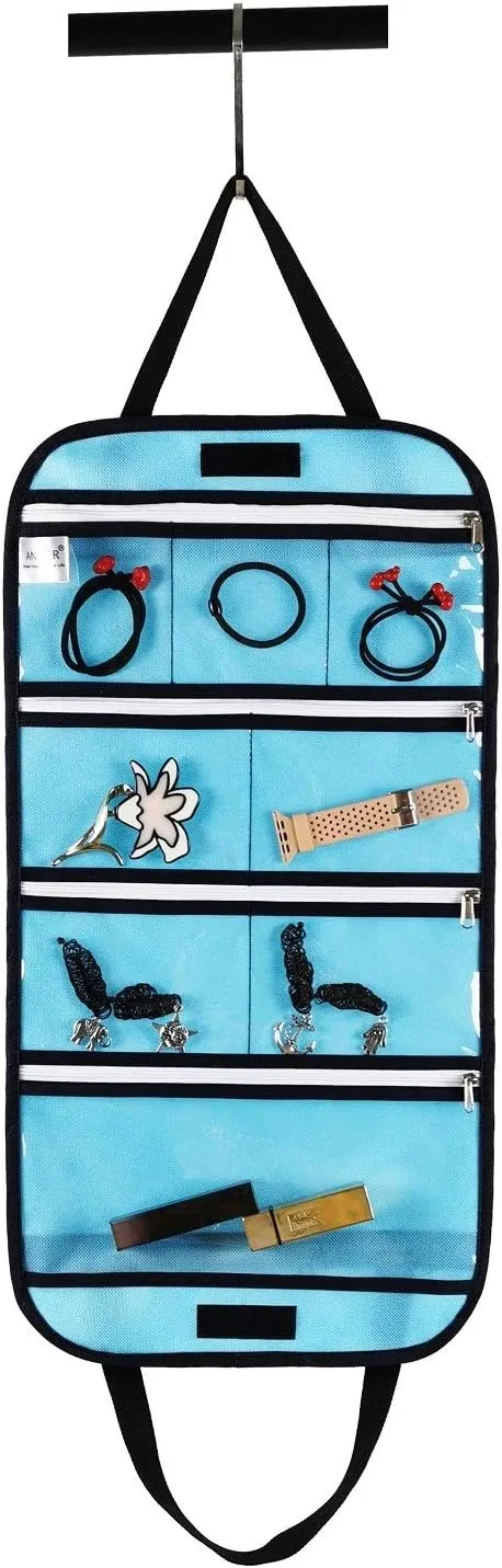 Travel Foldable Jewelry Rolls Bag Storage Pouch Hanging Jewelry Organizer with 8 Zippered Clear Pockets for Earrings Rings Necklaces Bracelets Watchbands (Blue)