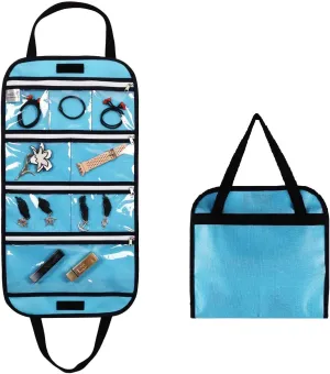 Travel Foldable Jewelry Rolls Bag Storage Pouch Hanging Jewelry Organizer with 8 Zippered Clear Pockets for Earrings Rings Necklaces Bracelets Watchbands (Blue)
