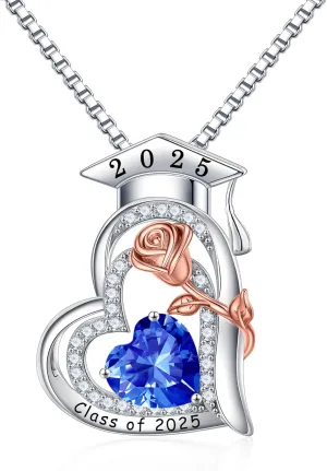 Turandoss Graduation Gifts for Her 2025, S925 Sterling Silver Heart Birthstone Graduation Cap Necklaces Class of 2025 High School College Graduation Gifts for Her