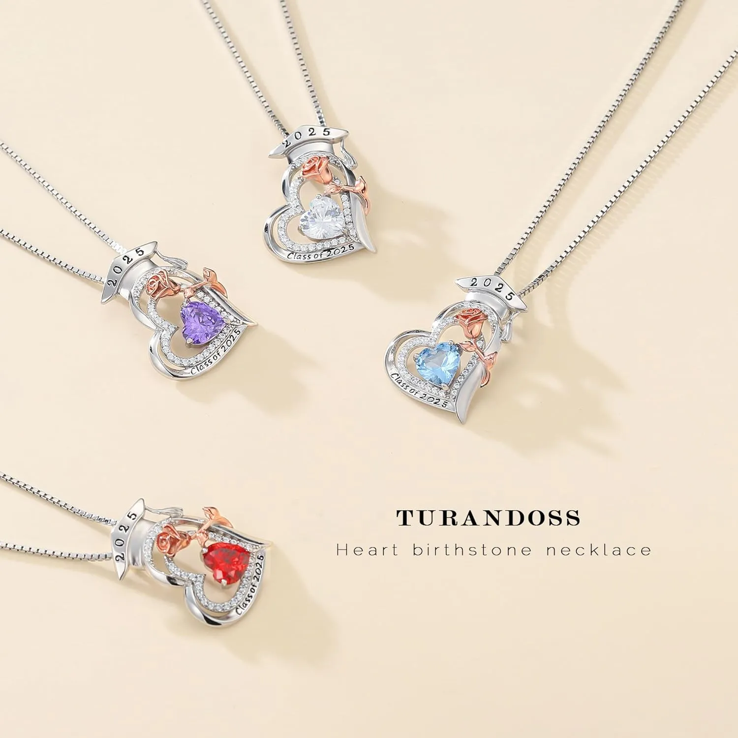 Turandoss Graduation Gifts for Her 2025, S925 Sterling Silver Heart Birthstone Graduation Cap Necklaces Class of 2025 High School College Graduation Gifts for Her