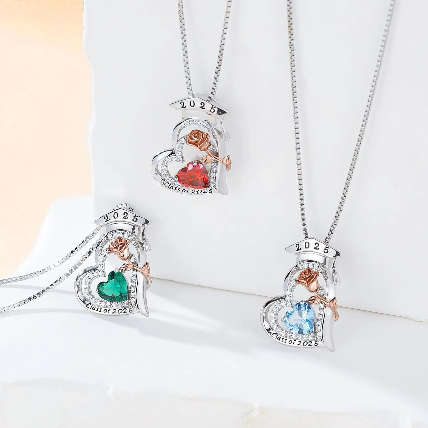 Turandoss Graduation Gifts for Her 2025, S925 Sterling Silver Heart Birthstone Graduation Cap Necklaces Class of 2025 High School College Graduation Gifts for Her