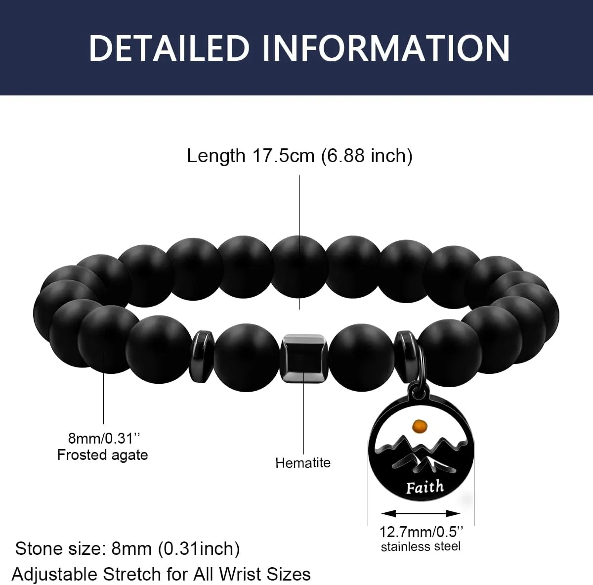 Uloveido Natural Stone 8MM Beads Bracelet with Faith Mustard Seed Charms Inspirational Courage Bracelets for Women Men