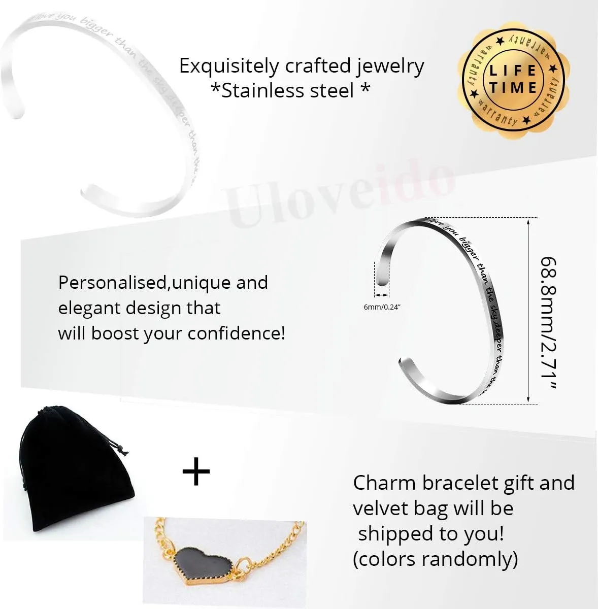 Uloveido Stainless Steel Inspirational Bracelets for Women Engraved Personalized Mantra Initial Motivational Cuff Bangle Y460