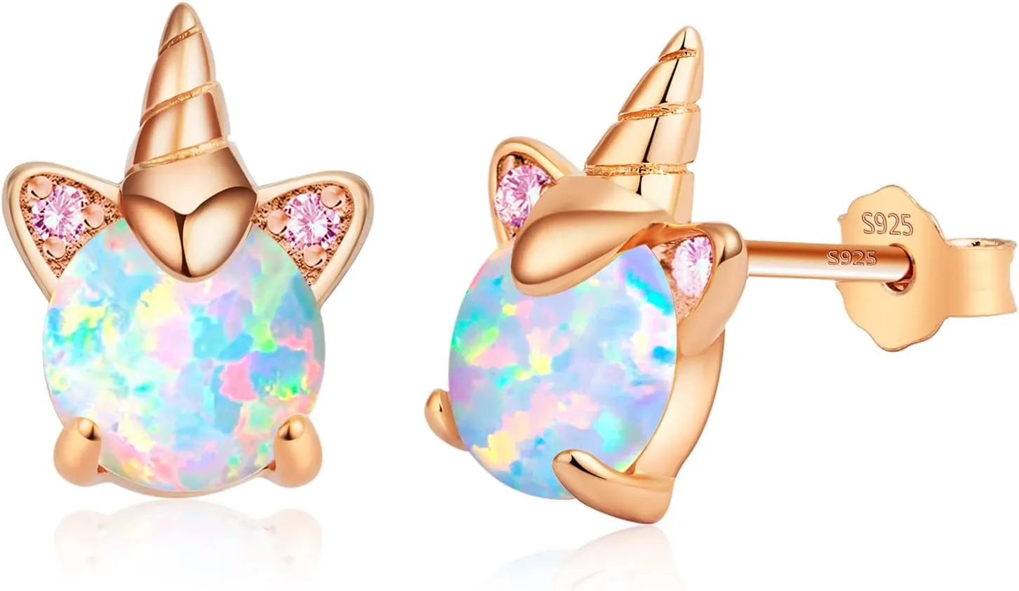 Unicorn Earrings for Girls, Hypoallergenic S925 Sterling Silver Earrings for Kids ARSKRO Small Tiny Cute Fire Opal Stud Earrings Jewelry Gifts for Sensitive Ears Little Toddlers Teen Girl
