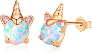 Unicorn Earrings for Girls, Hypoallergenic S925 Sterling Silver Earrings for Kids ARSKRO Small Tiny Cute Fire Opal Stud Earrings Jewelry Gifts for Sensitive Ears Little Toddlers Teen Girl