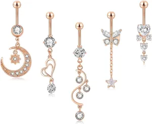 USEEDOVIA Dangle Belly Button Rings for Women Men, 5-7Pcs 14G Surgical Stainless Steel CZ Drop Belly Rings | Long Cubic Zirconia Navel Rings Dangle Reverse Curved Barbell Body Piercing Jewelry