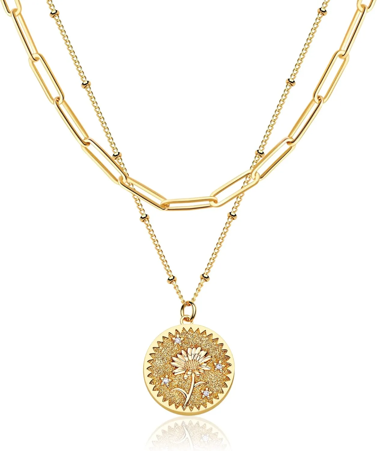 Valloey Rover Gold Layered Coin Necklace for Women Birth Flower Necklace 14K Gold Plated Dainty Carved Floral Pendant Necklace Personalized Engrave Double Layered Month Necklace for Birthday Jewelry