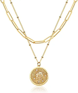Valloey Rover Gold Layered Coin Necklace for Women Birth Flower Necklace 14K Gold Plated Dainty Carved Floral Pendant Necklace Personalized Engrave Double Layered Month Necklace for Birthday Jewelry