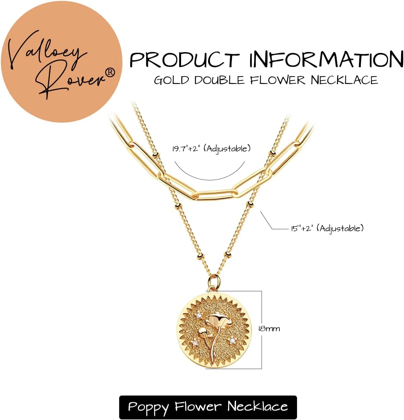 Valloey Rover Gold Layered Coin Necklace for Women Birth Flower Necklace 14K Gold Plated Dainty Carved Floral Pendant Necklace Personalized Engrave Double Layered Month Necklace for Birthday Jewelry
