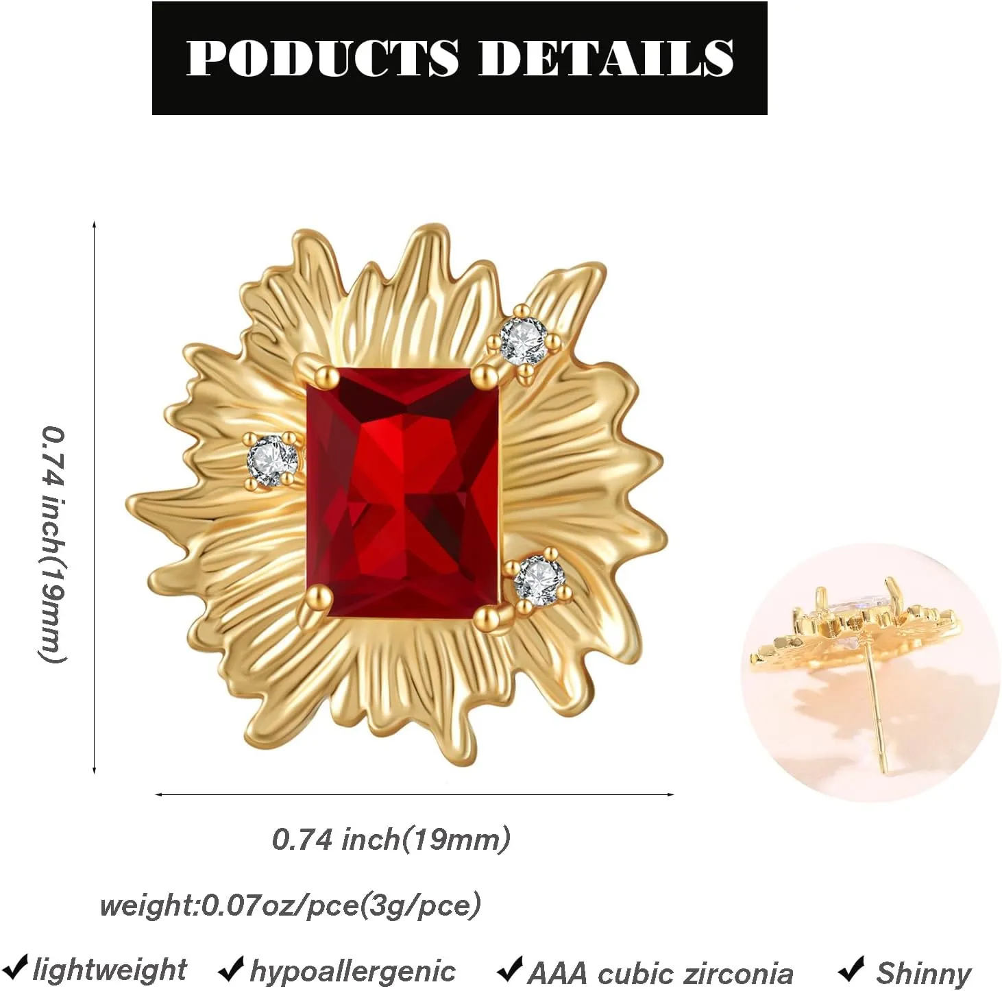 Vintage Chunky Gold Cubic Zirconia Statement Earrings Studs,Hypoallergenic Dainty Large 14k Gold CZ Stud Earrings for Women