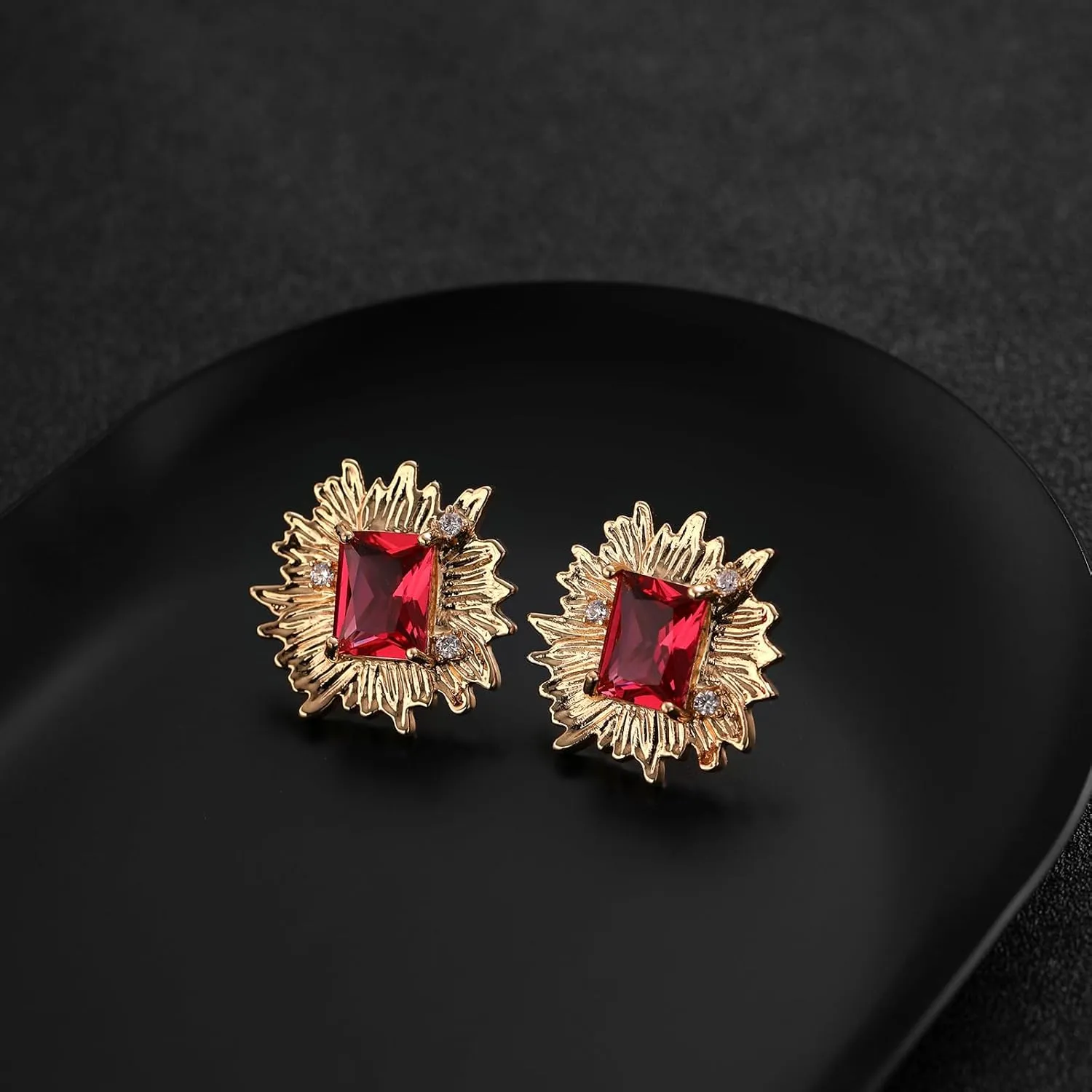 Vintage Chunky Gold Cubic Zirconia Statement Earrings Studs,Hypoallergenic Dainty Large 14k Gold CZ Stud Earrings for Women