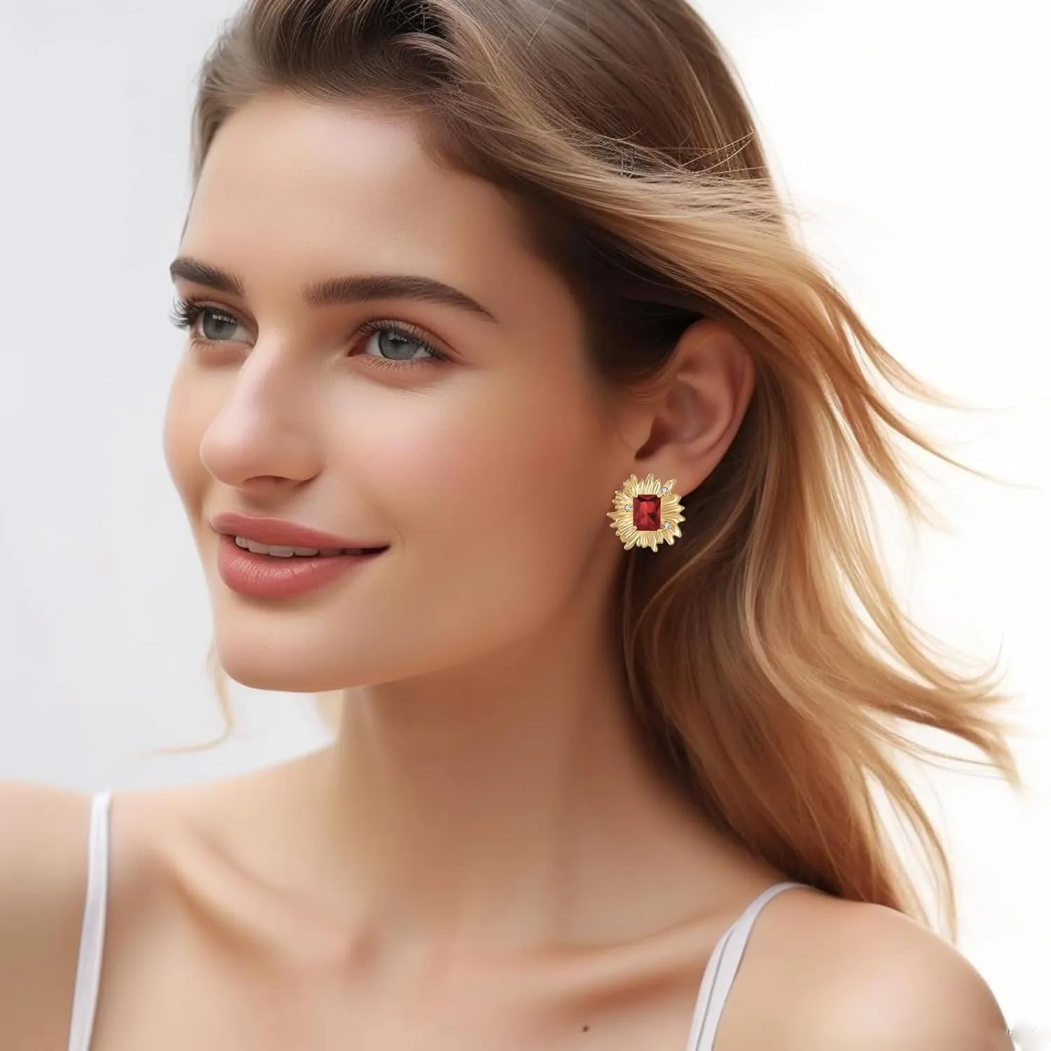 Vintage Chunky Gold Cubic Zirconia Statement Earrings Studs,Hypoallergenic Dainty Large 14k Gold CZ Stud Earrings for Women