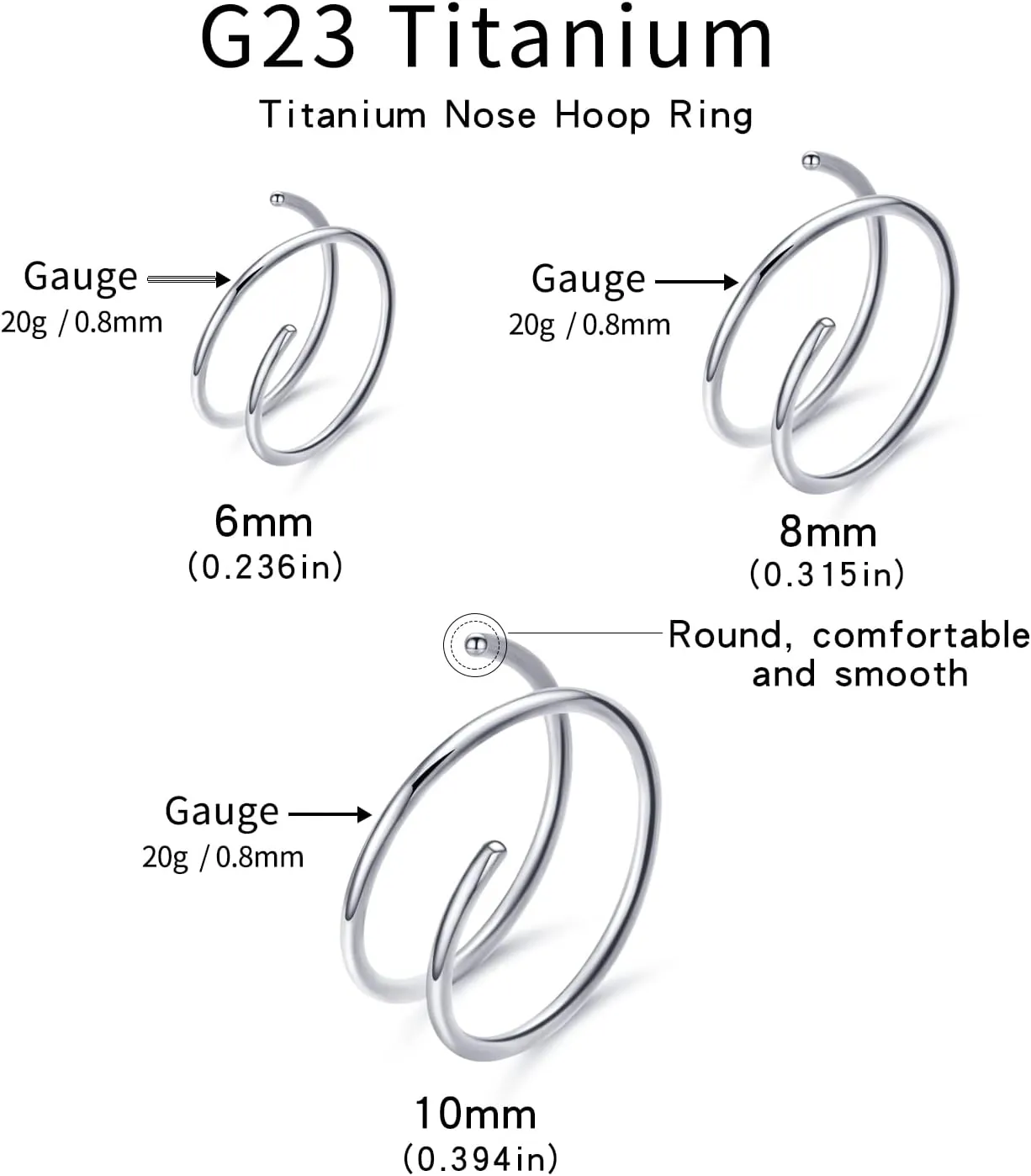 VOJO G23 Titanium Spiral Double Hoop Nose Rings 20G 6/8/10mm Hypoallergenic Thin Piercing Jewelry for Women Men