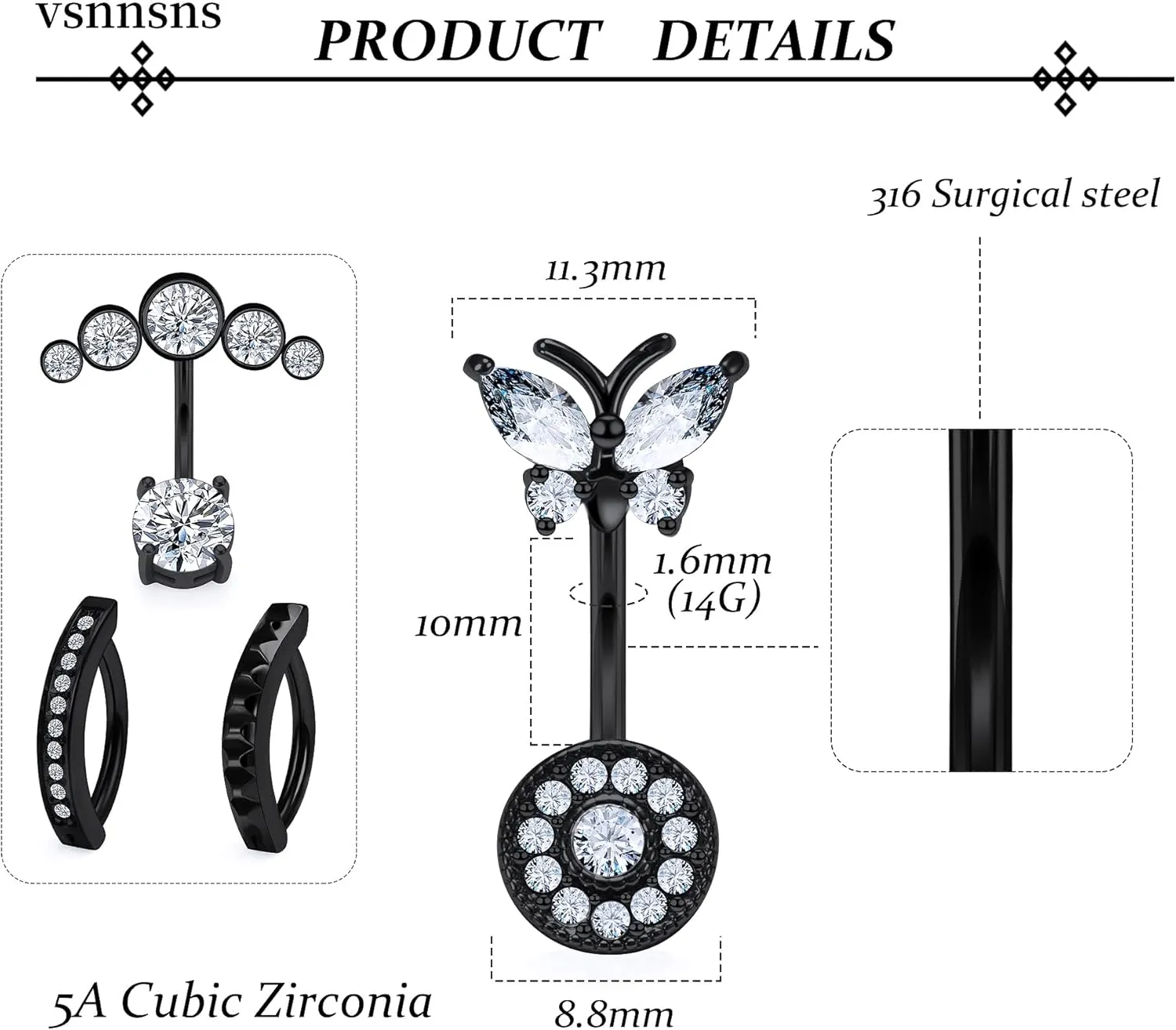 Vsnnsns 14G Clicker Belly Button Ring 316L Stainless Surgical Steel Reverse Belly Button Piercing Diamond CZ Belly Rings Heart Belly Button Ring Navel Rings Piercing Jewelry for Women Men