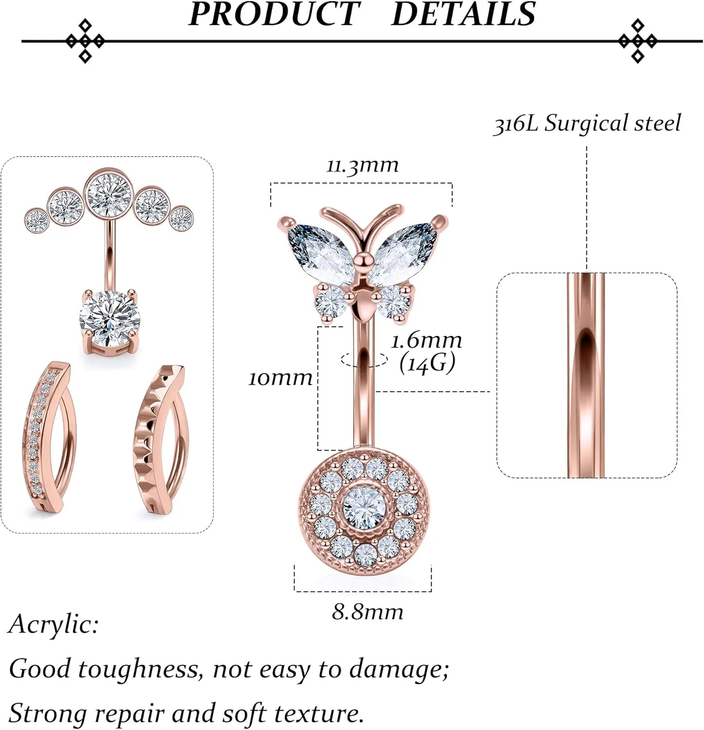 Vsnnsns 14G Clicker Belly Button Ring 316L Stainless Surgical Steel Reverse Belly Button Piercing Diamond CZ Belly Rings Heart Belly Button Ring Navel Rings Piercing Jewelry for Women Men