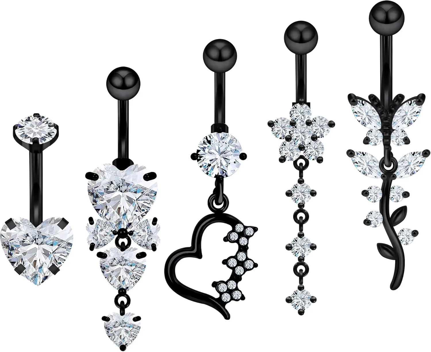 Vsnnsns 14G Dangle Belly Button Ring Piercing Jewelry 316L Stainless Surgical Steel Navel Rings Cubic Zirconia Heart Flower CZ Dangling Belly Button Ring Piercing Jewelry for Women 14 Gauge