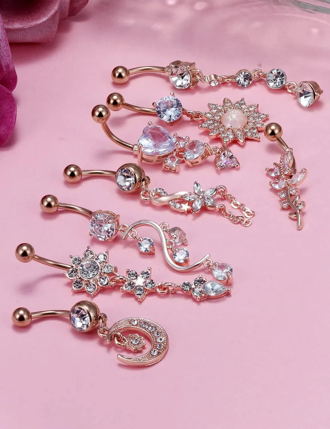 Vsnnsns 14G Dangle Belly Button Ring Piercing Jewelry 316L Stainless Surgical Steel Navel Rings Cubic Zirconia Heart Flower CZ Dangling Belly Button Ring Piercing Jewelry for Women 14 Gauge
