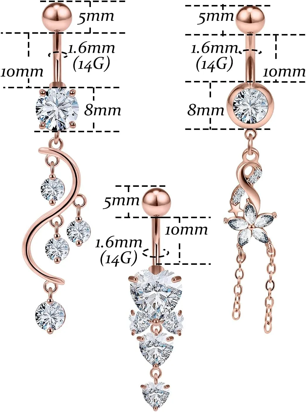 Vsnnsns 14G Dangle Belly Button Ring Piercing Jewelry 316L Stainless Surgical Steel Navel Rings Cubic Zirconia Heart Flower CZ Dangling Belly Button Ring Piercing Jewelry for Women 14 Gauge