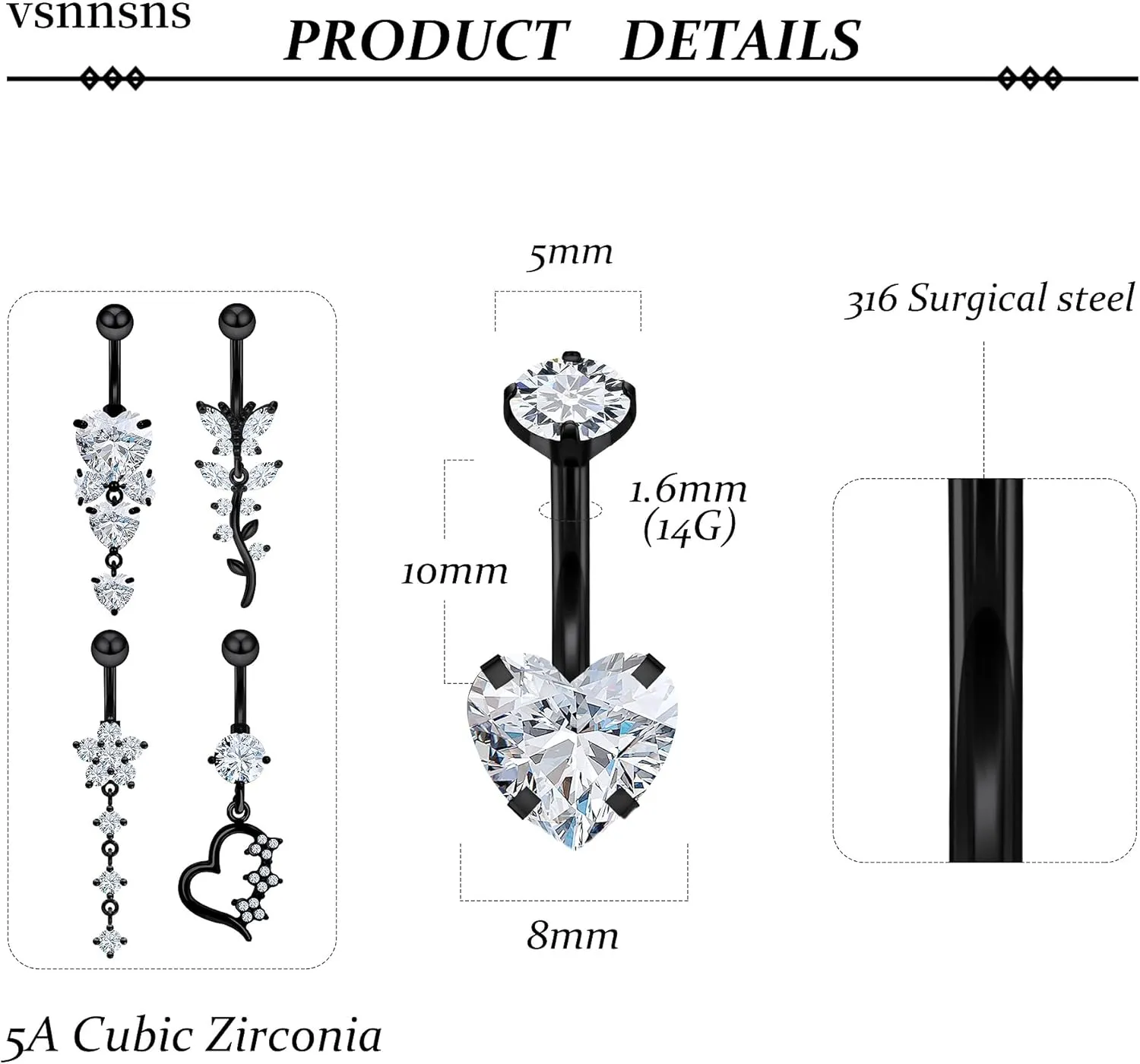 Vsnnsns 14G Dangle Belly Button Ring Piercing Jewelry 316L Stainless Surgical Steel Navel Rings Cubic Zirconia Heart Flower CZ Dangling Belly Button Ring Piercing Jewelry for Women 14 Gauge