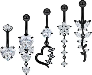 Vsnnsns 14G Dangle Belly Button Ring Piercing Jewelry 316L Stainless Surgical Steel Navel Rings Cubic Zirconia Heart Flower CZ Dangling Belly Button Ring Piercing Jewelry for Women 14 Gauge