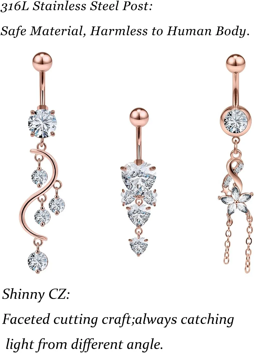 Vsnnsns 14G Dangle Belly Button Ring Piercing Jewelry 316L Stainless Surgical Steel Navel Rings Cubic Zirconia Heart Flower CZ Dangling Belly Button Ring Piercing Jewelry for Women 14 Gauge