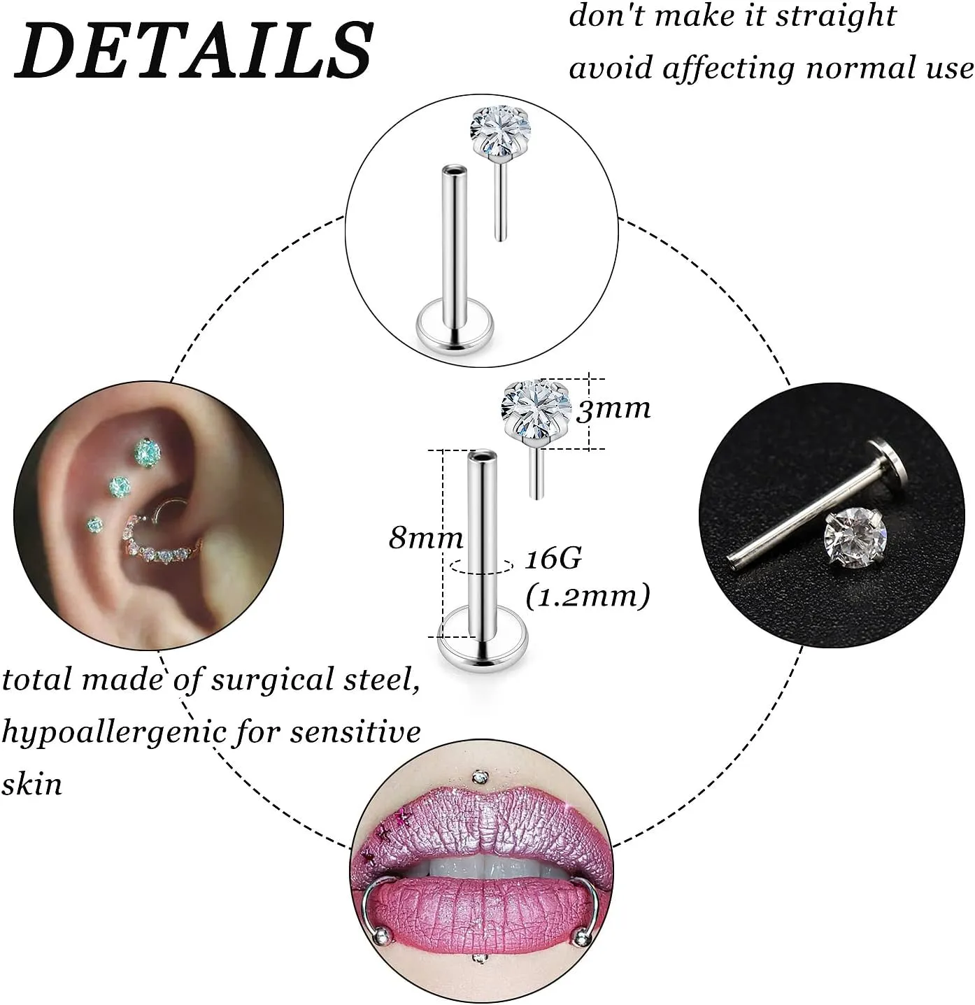 Vsnnsns 16G 18G 20G Threadless Push in Lip Rings Stainless Steel Flat Back Nose Rings Studs Tragus Helix Conch Cartilage Lobe Earrings Stud Piercing Jewelry for Women Men Diamond CZ Opal Silver