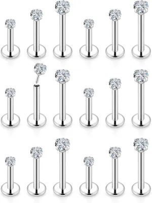 Vsnnsns 16G 18G 20G Threadless Push in Lip Rings Stainless Steel Flat Back Nose Rings Studs Tragus Helix Conch Cartilage Lobe Earrings Stud Piercing Jewelry for Women Men Diamond CZ Silver 18PCS
