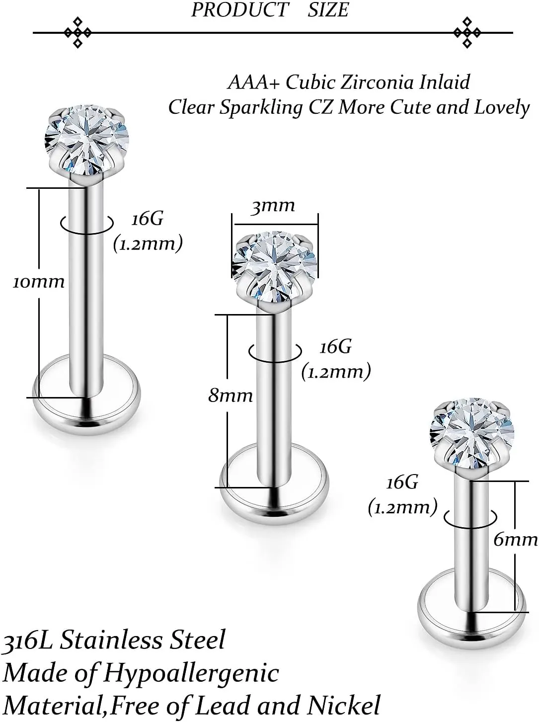 Vsnnsns 16G Lip Rings Stainless Steel Tragus Helix Conch Piercing Jewelry Snake Bite Piercing Monroe Lip Rings Labret Medusa Cartilage Lobe Earrings Studs Piercing Jewelry 6MM 8MM 10MM Silver 18PCS
