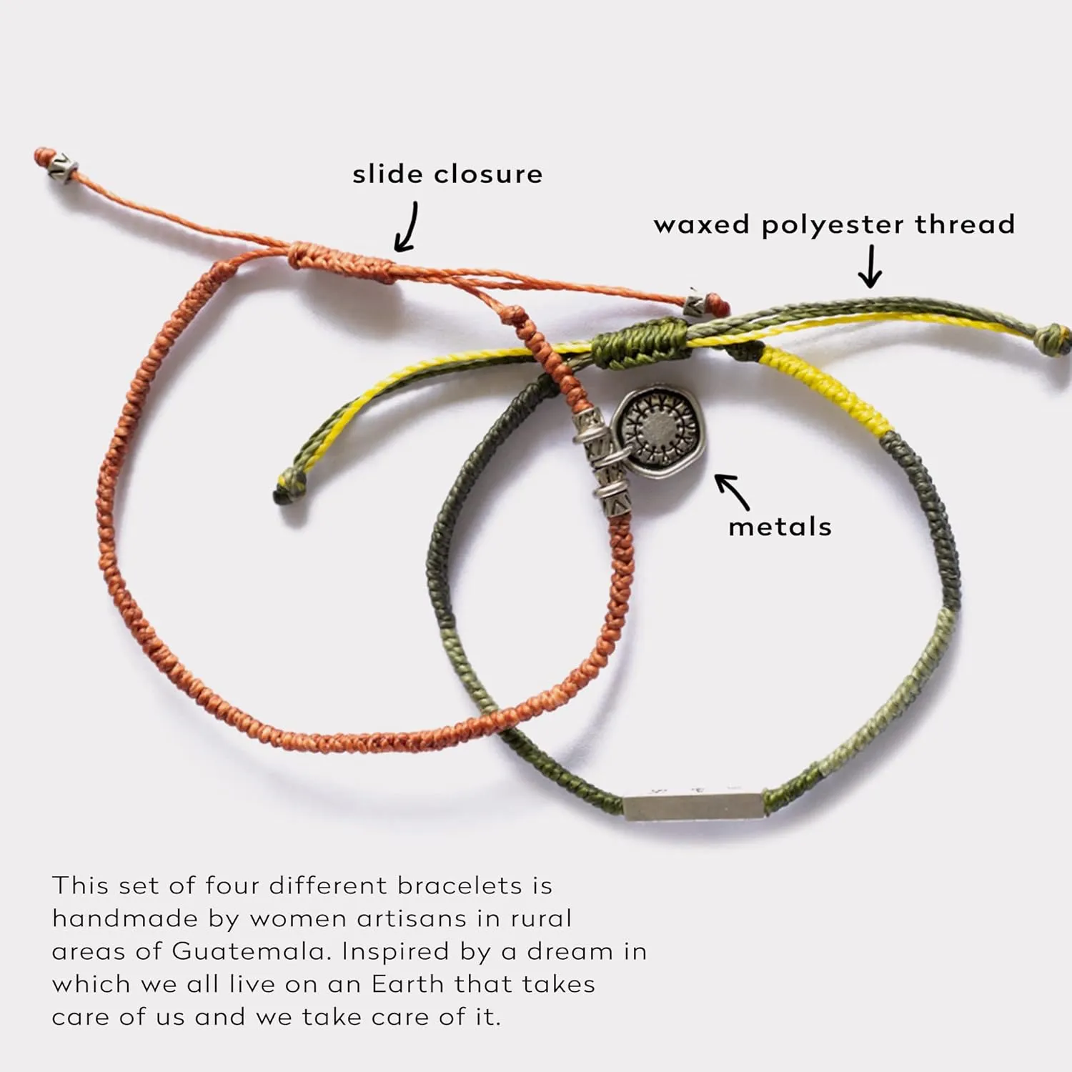 Wakami New World Handmade Boho Friendship Bracelets Set of 3 | Braided Indie Bracelets for Women and Men | Handmade by Artisans, Waterproof Waxed Thread, Glass Beads, Sliding and Button Closure
