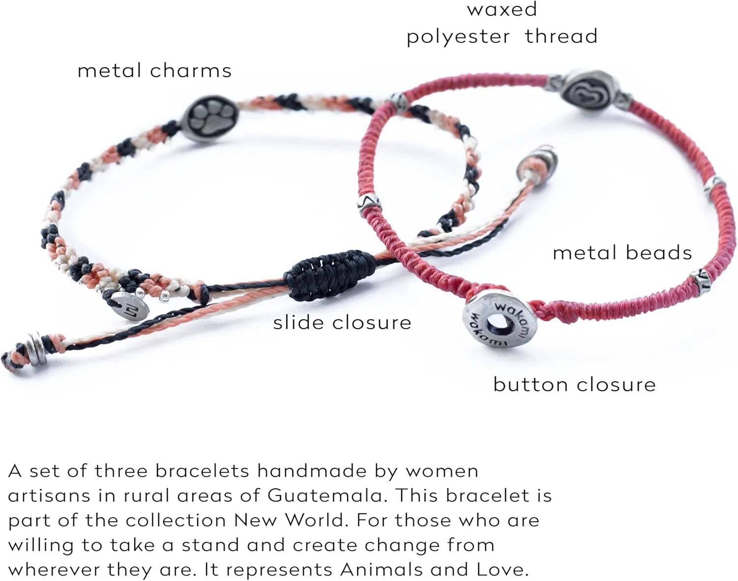 Wakami New World Handmade Boho Friendship Bracelets Set of 3 | Braided Indie Bracelets for Women and Men | Handmade by Artisans, Waterproof Waxed Thread, Glass Beads, Sliding and Button Closure