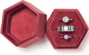 WantGor Velvet Jewelry Ring Box, 3 Slots Hexagon Ring Gift Box Vintage Ring Display Holder Case for Wedding Ceremony Proposal Engagement (Burgundy, 3 Slots)