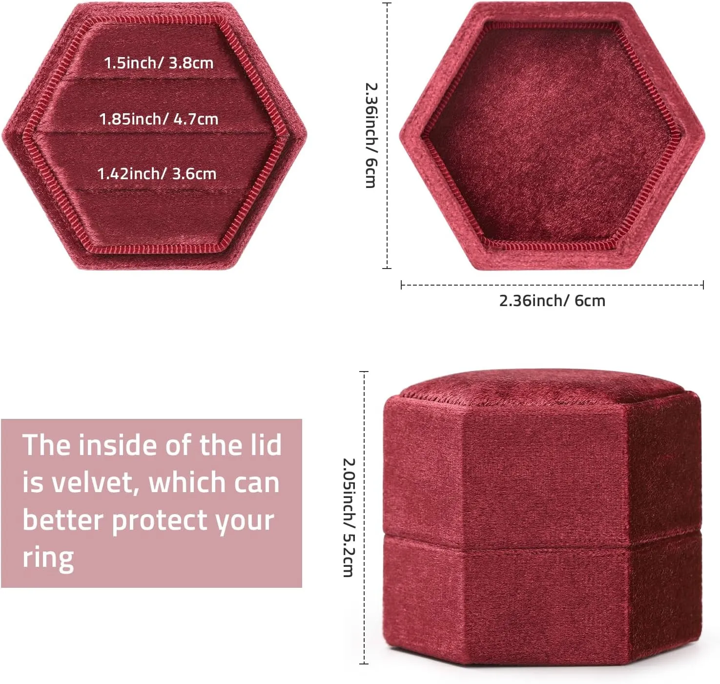 WantGor Velvet Jewelry Ring Box, 3 Slots Hexagon Ring Gift Box Vintage Ring Display Holder Case for Wedding Ceremony Proposal Engagement (Burgundy, 3 Slots)