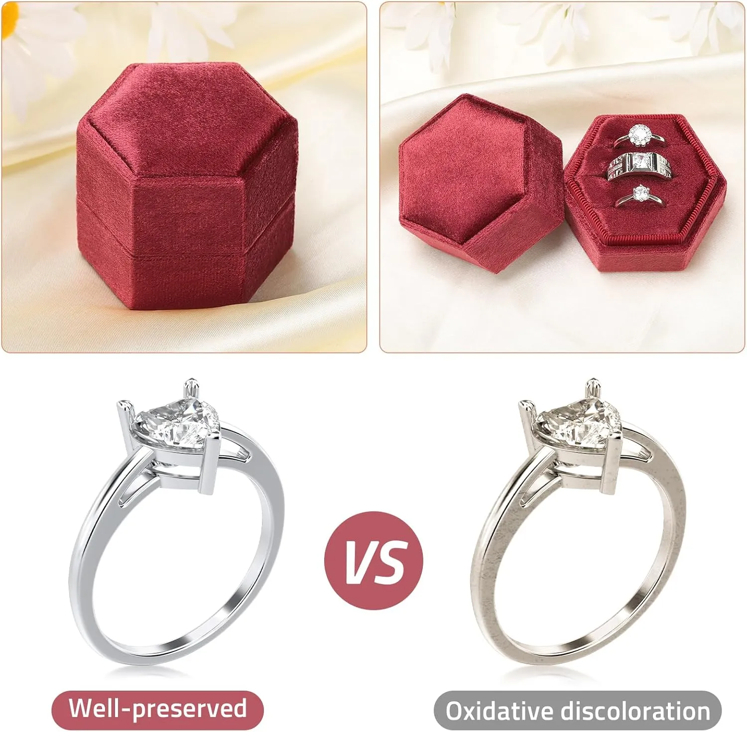 WantGor Velvet Jewelry Ring Box, 3 Slots Hexagon Ring Gift Box Vintage Ring Display Holder Case for Wedding Ceremony Proposal Engagement (Burgundy, 3 Slots)