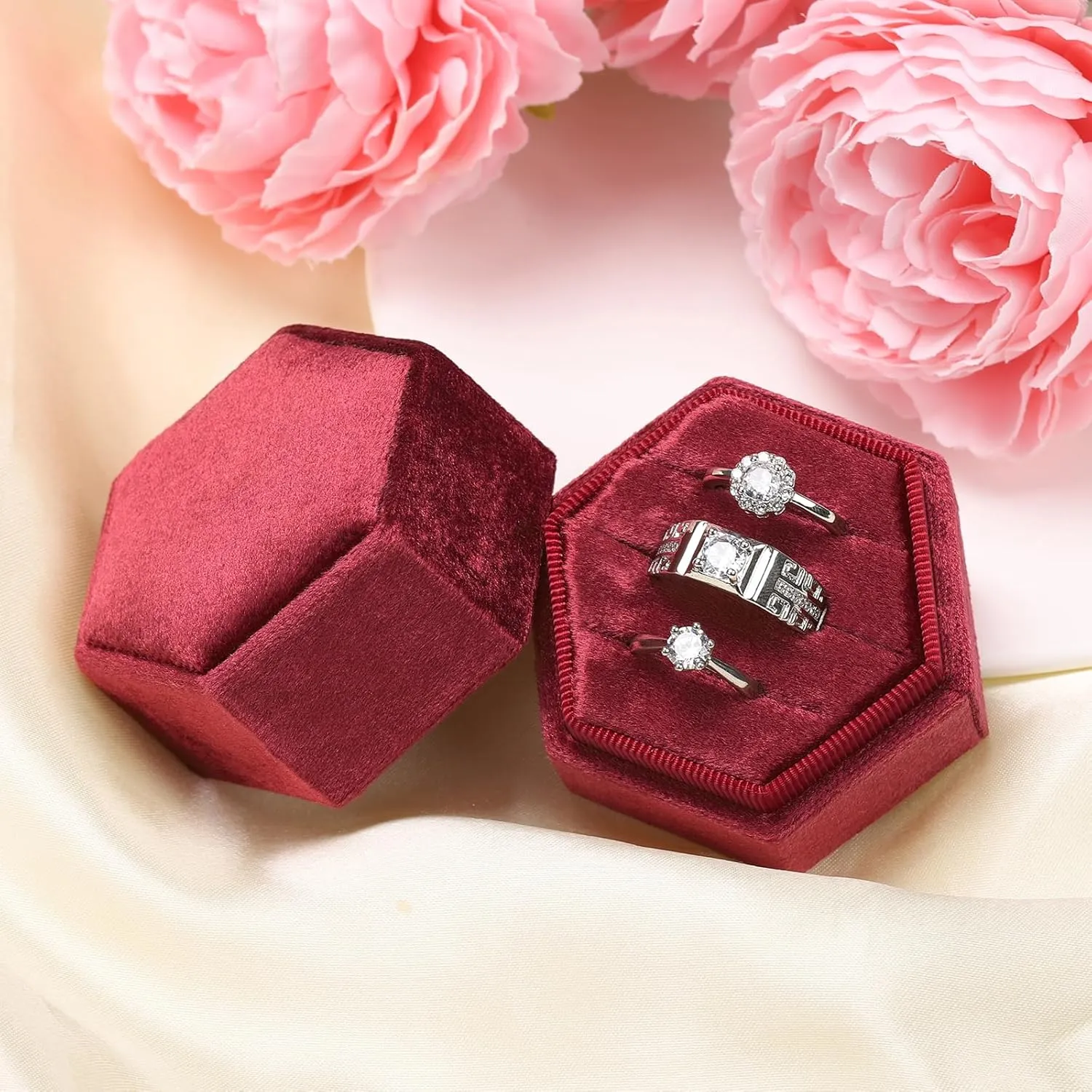 WantGor Velvet Jewelry Ring Box, 3 Slots Hexagon Ring Gift Box Vintage Ring Display Holder Case for Wedding Ceremony Proposal Engagement (Burgundy, 3 Slots)
