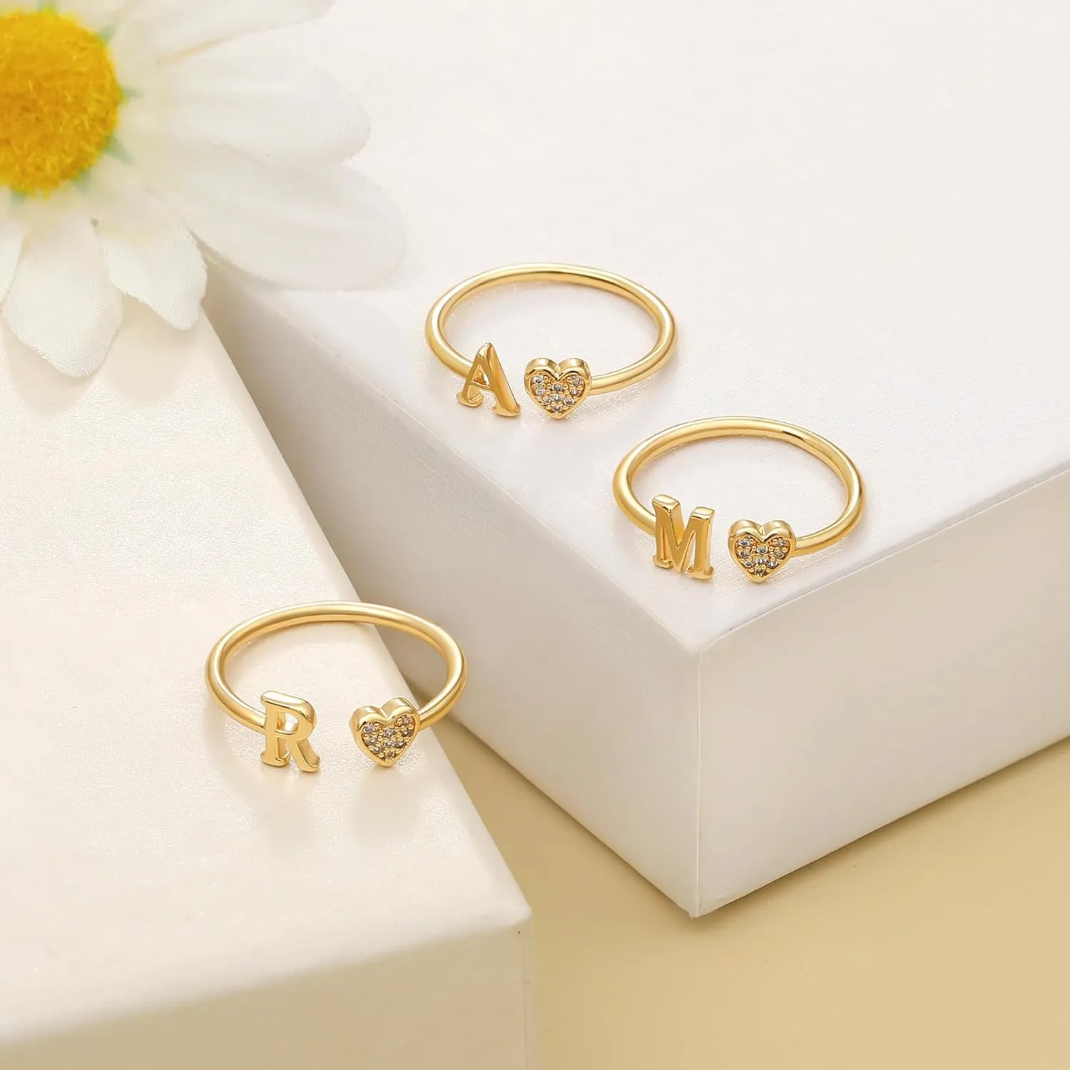 WFYOU Heart Initial Ring for Women Silver Rose Gold Plated Heart Capital Letter Initial Ring Stackable Rings for Women Adjustable Alphabet Letter Rings Jewelry Gifts