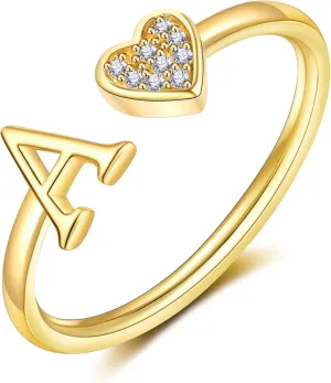 WFYOU Heart Initial Ring for Women Silver Rose Gold Plated Heart Capital Letter Initial Ring Stackable Rings for Women Adjustable Alphabet Letter Rings Jewelry Gifts
